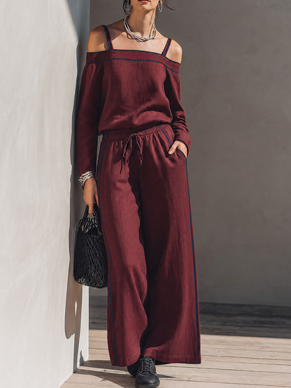 Women's Minimalist Solid Burgundy Linen-Blend Off-Shoulder Top & Wide-Leg Pants Set