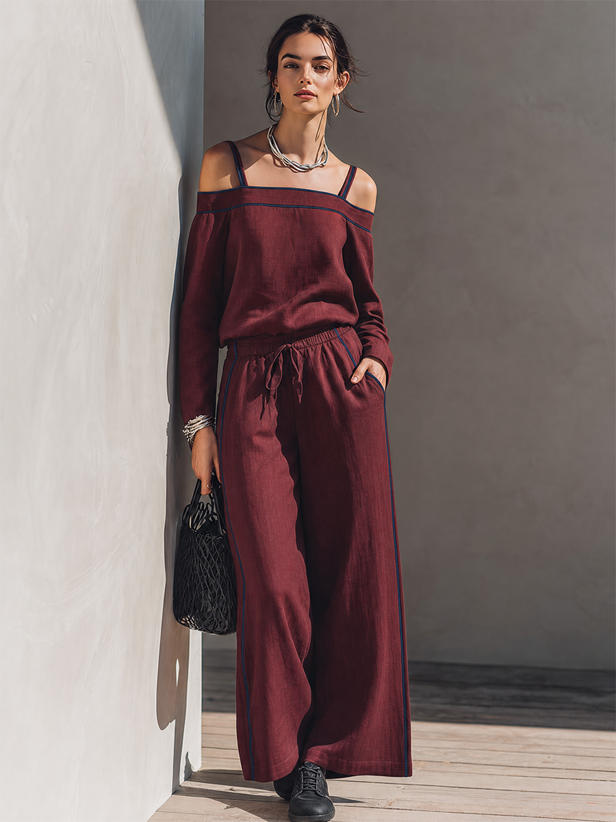 Women's Minimalist Solid Burgundy Linen-Blend Off-Shoulder Top & Wide-Leg Pants Set