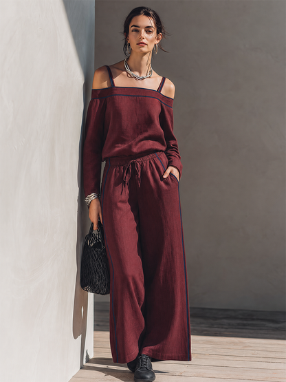 Women's Minimalist Solid Burgundy Linen-Blend Off-Shoulder Top & Wide-Leg Pants Set