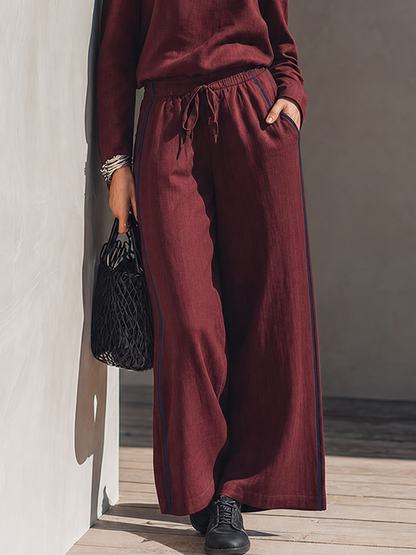 Women's Minimalist Solid Burgundy Linen-Blend Off-Shoulder Top & Wide-Leg Pants Set
