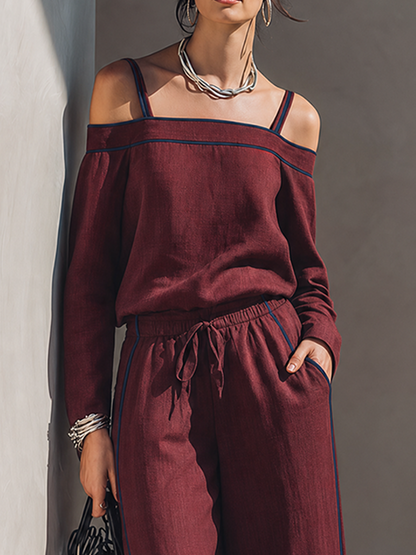 Women's Minimalist Solid Burgundy Linen-Blend Off-Shoulder Top & Wide-Leg Pants Set