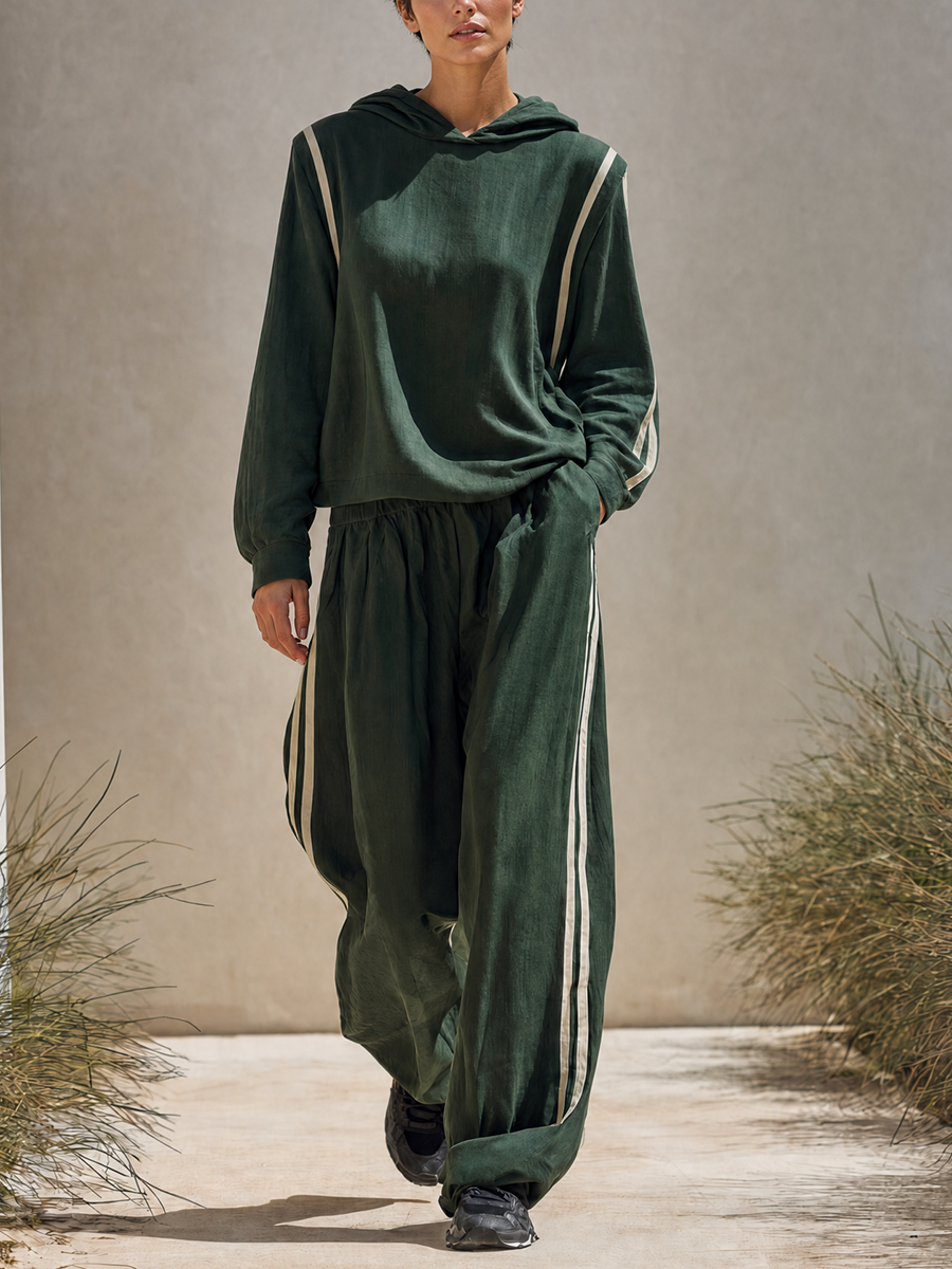 Women's Minimalist Dark Green Linen-Blend Hooded Top & Wide-Leg Pants Set With Side Stripes