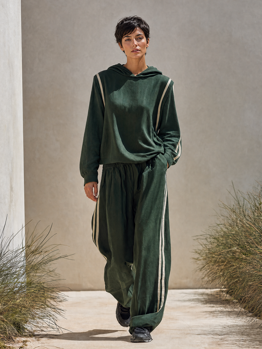 Women's Minimalist Dark Green Linen-Blend Hooded Top & Wide-Leg Pants Set With Side Stripes