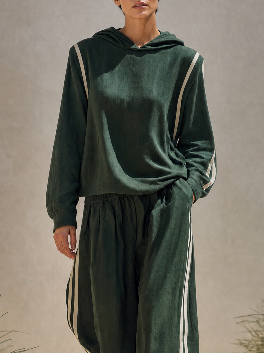 Women's Minimalist Dark Green Linen-Blend Hooded Top & Wide-Leg Pants Set With Side Stripes