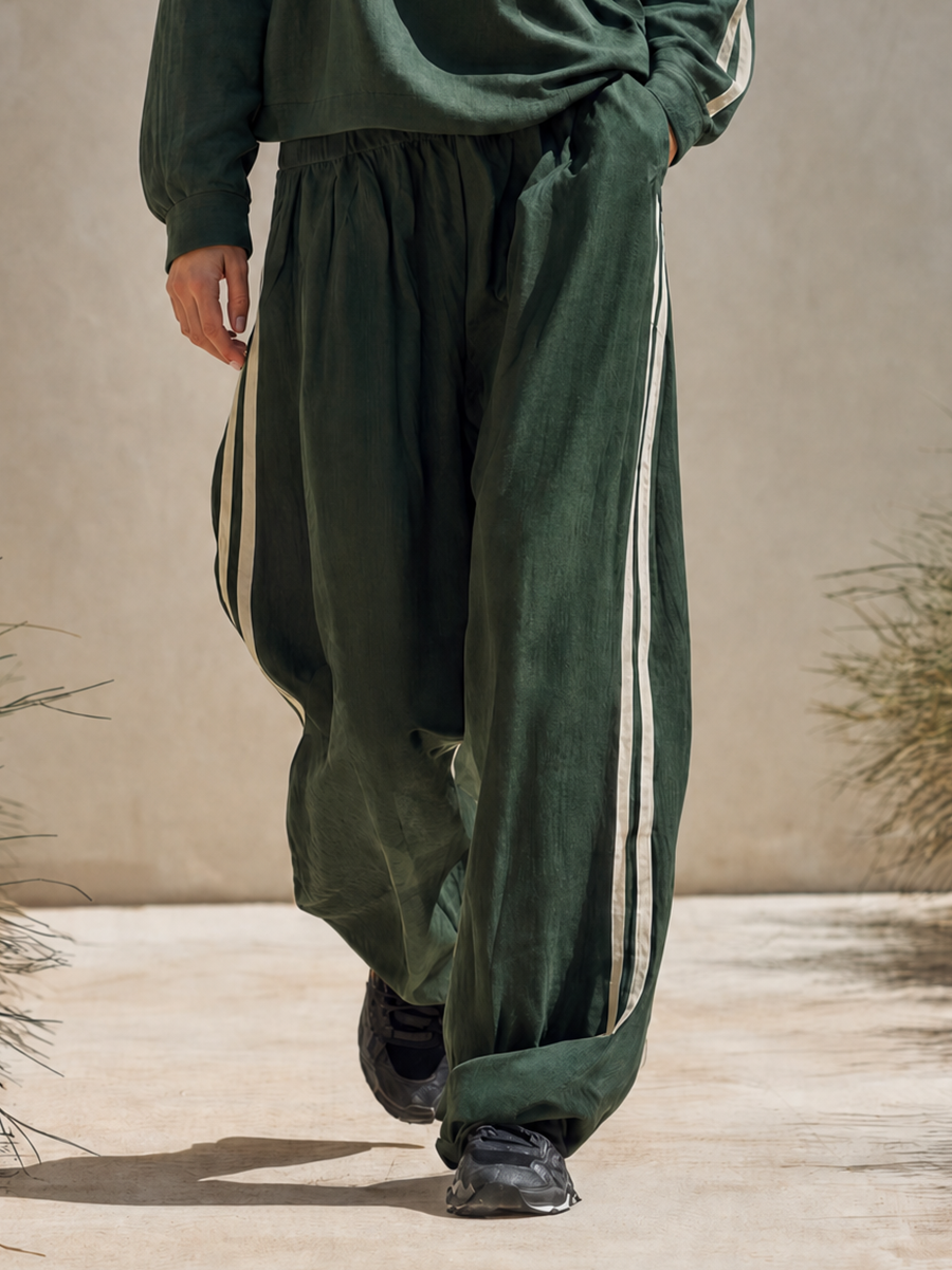Women's Minimalist Dark Green Linen-Blend Hooded Top & Wide-Leg Pants Set With Side Stripes