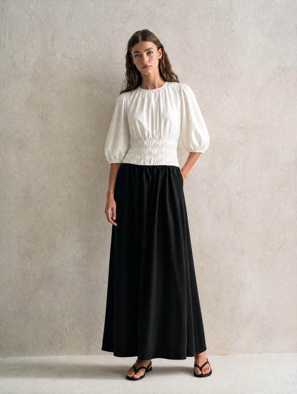Women's Casual Black And White Woven Maxi Dress With A Round Neck And Mid-length Sleeves