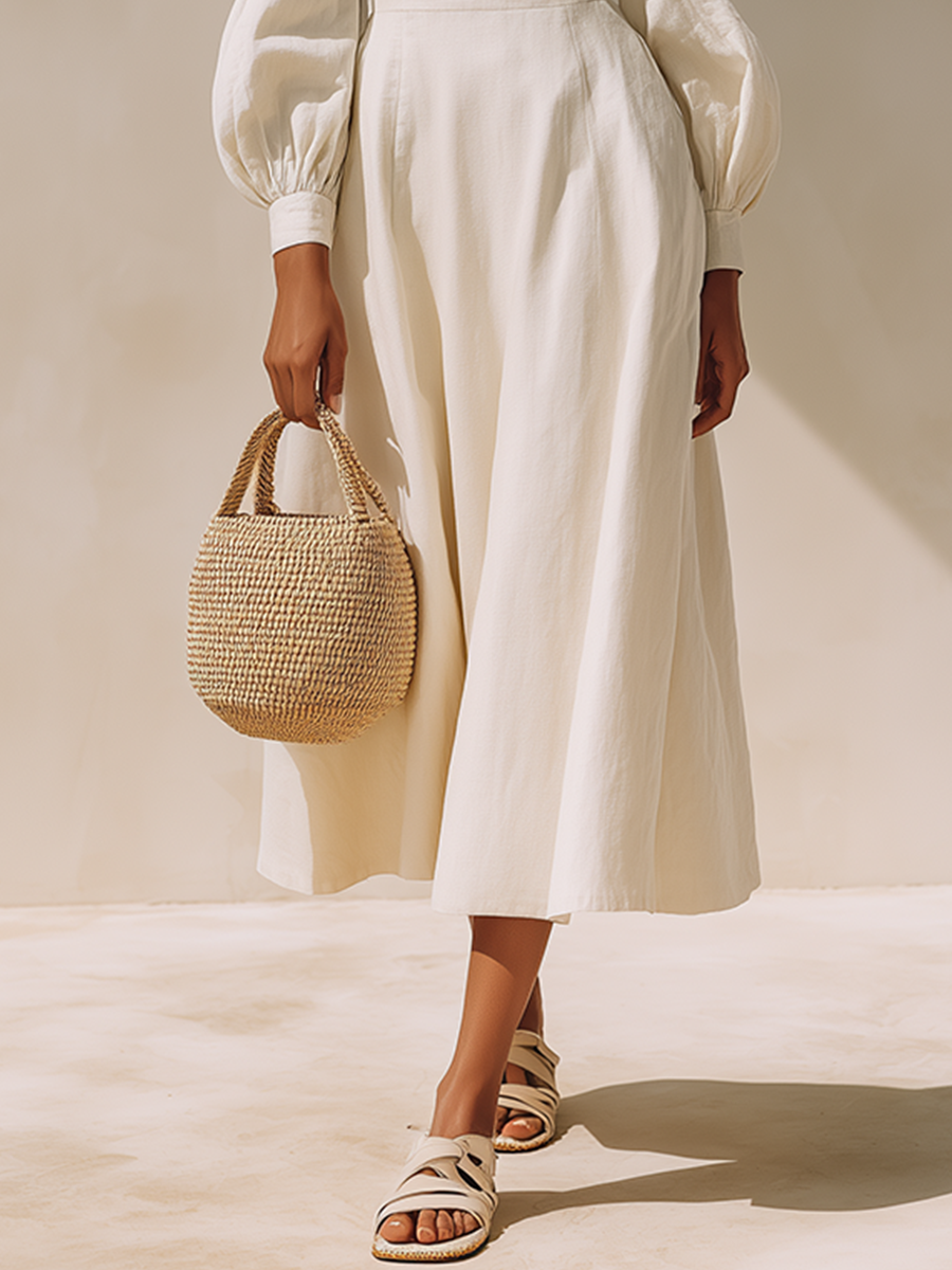 Women's Off White Linen Blend Midi Dress With Square Neck Cutout Balloon Long Sleeves, Minimalist Elegant Flowy Vacation Midi Dress