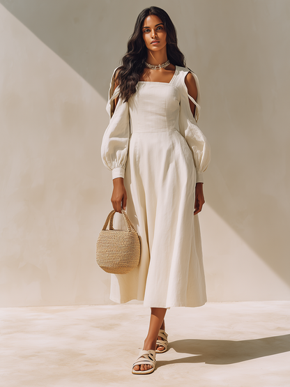 Women's Off White Linen Blend Midi Dress With Square Neck Cutout Balloon Long Sleeves, Minimalist Elegant Flowy Vacation Midi Dress