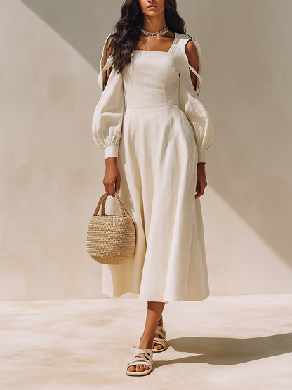 Women's Off White Linen Blend Midi Dress With Square Neck Cutout Balloon Long Sleeves, Minimalist Elegant Flowy Vacation Midi Dress