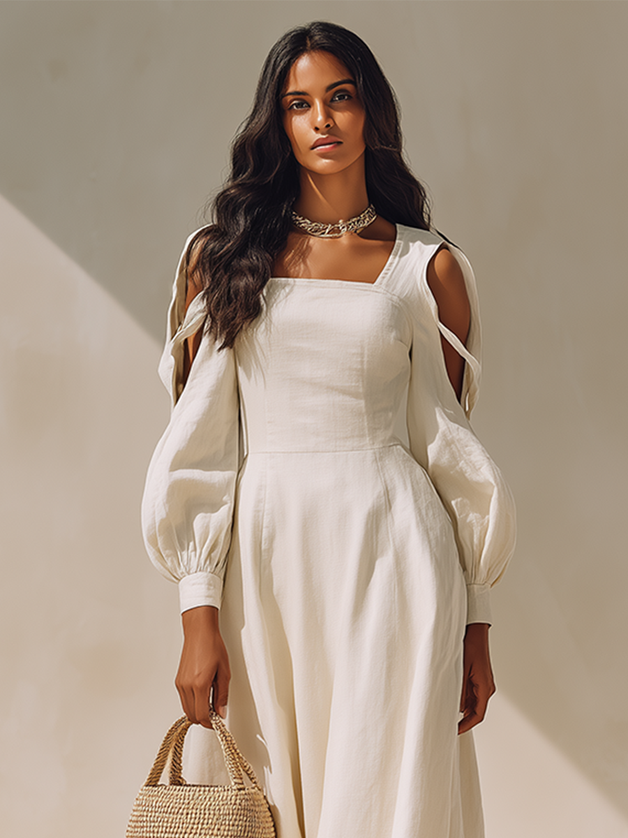 Women's Off White Linen Blend Midi Dress With Square Neck Cutout Balloon Long Sleeves, Minimalist Elegant Flowy Vacation Midi Dress