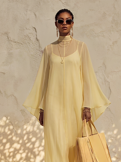 Women's Pale Yellow Sheer Chiffon Maxi Dress With Mock Neck Bell Flare Sleeves & Inner Slip Camisole, Minimalist Boho Resort Flowy Maxi Dress