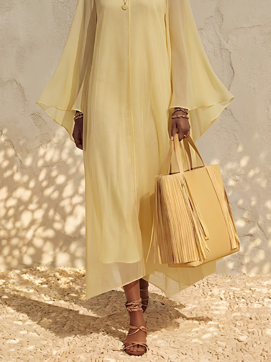 Women's Pale Yellow Sheer Chiffon Maxi Dress With Mock Neck Bell Flare Sleeves & Inner Slip Camisole, Minimalist Boho Resort Flowy Maxi Dress