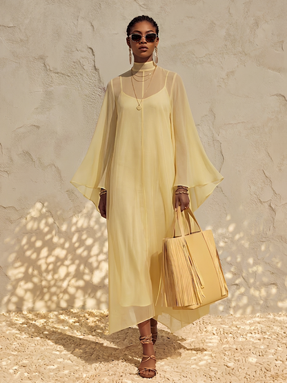 Women's Pale Yellow Sheer Chiffon Maxi Dress With Mock Neck Bell Flare Sleeves & Inner Slip Camisole, Minimalist Boho Resort Flowy Maxi Dress