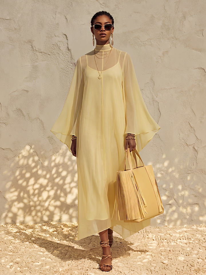 Women's Pale Yellow Sheer Chiffon Maxi Dress With Mock Neck Bell Flare Sleeves & Inner Slip Camisole, Minimalist Boho Resort Flowy Maxi Dress