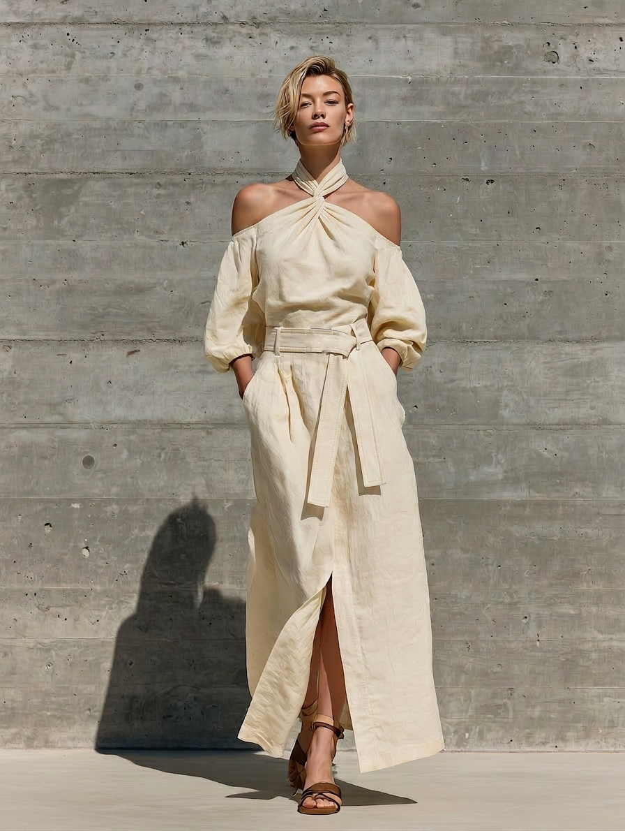 Women’s Cream Linen Twist Halter Off Shoulder Puff Elbow Sleeve Self Belt Waist Front Split Maxi Dress