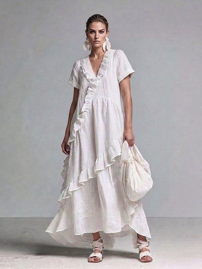 Women’s Boho White Linen Short Sleeve Ruffle Trim V-Neck Loose Flowly High Low Hem Maxi Dress