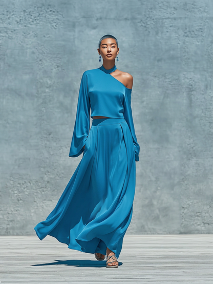Women’s Blue Satin One Shoulder Halter Bell Sleeve Cropped Top & High Waist Pleated Flowy Maxi Skirt Two Piece Matching Set