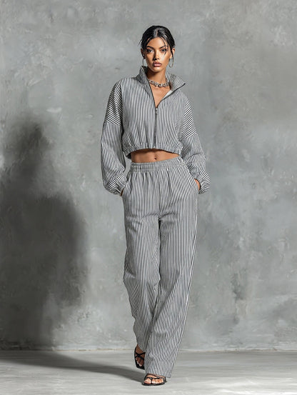 Women’s Black White Vertical Stripe Stand Collar Full Zip Cropped Jacket & Elastic High Waist Wide Leg Pocket Pants Two Piece Tracksuit Set