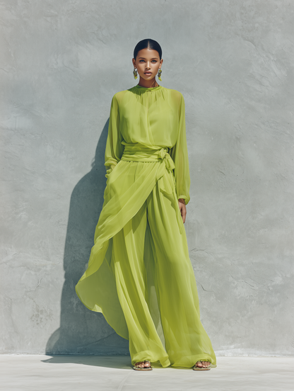 Women’s Lime Green Sheer Chiffon High Neck Balloon Long Sleeve Wrap Tie Waist Overlay Skirt Wide Leg Pants Two Piece Vacation Set