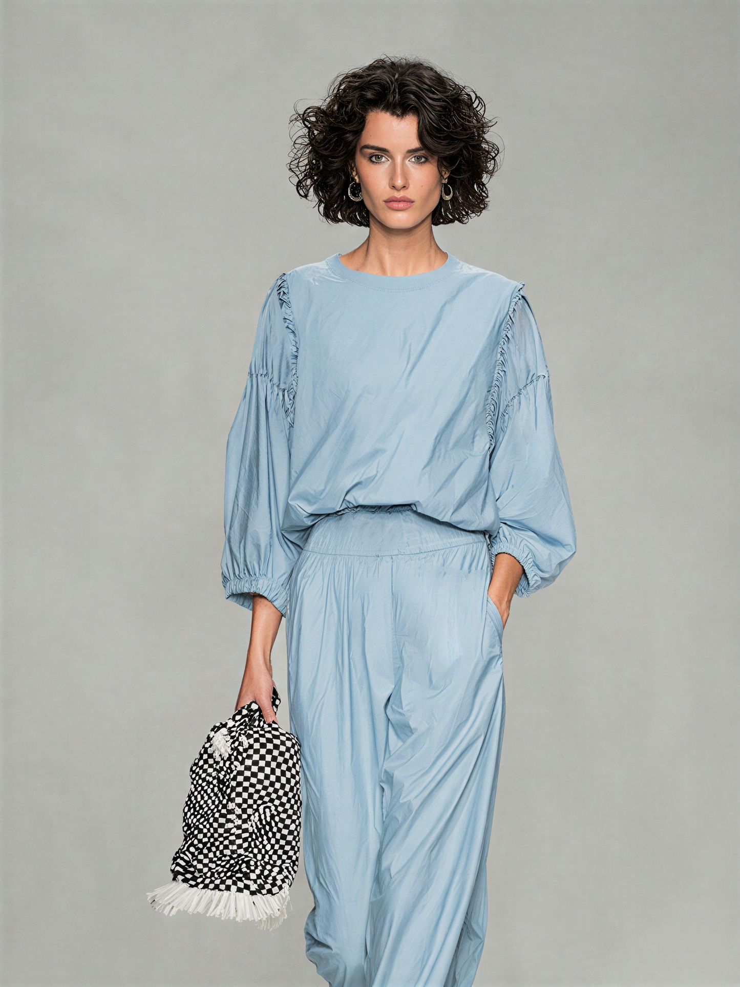 Women's Pale Blue Breathable Poly Cotton Co-Ord With Elastic Cuff Puff Sleeve Top & Side Pocket Loose Straight Trousers, Modern Effortless-Chic Daily Casual Two-Piece Set