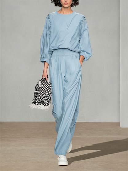 Women's Pale Blue Breathable Poly Cotton Co-Ord With Elastic Cuff Puff Sleeve Top & Side Pocket Loose Straight Trousers, Modern Effortless-Chic Daily Casual Two-Piece Set