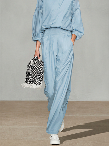 Women's Pale Blue Breathable Poly Cotton Co-Ord With Elastic Cuff Puff Sleeve Top & Side Pocket Loose Straight Trousers, Modern Effortless-Chic Daily Casual Two-Piece Set