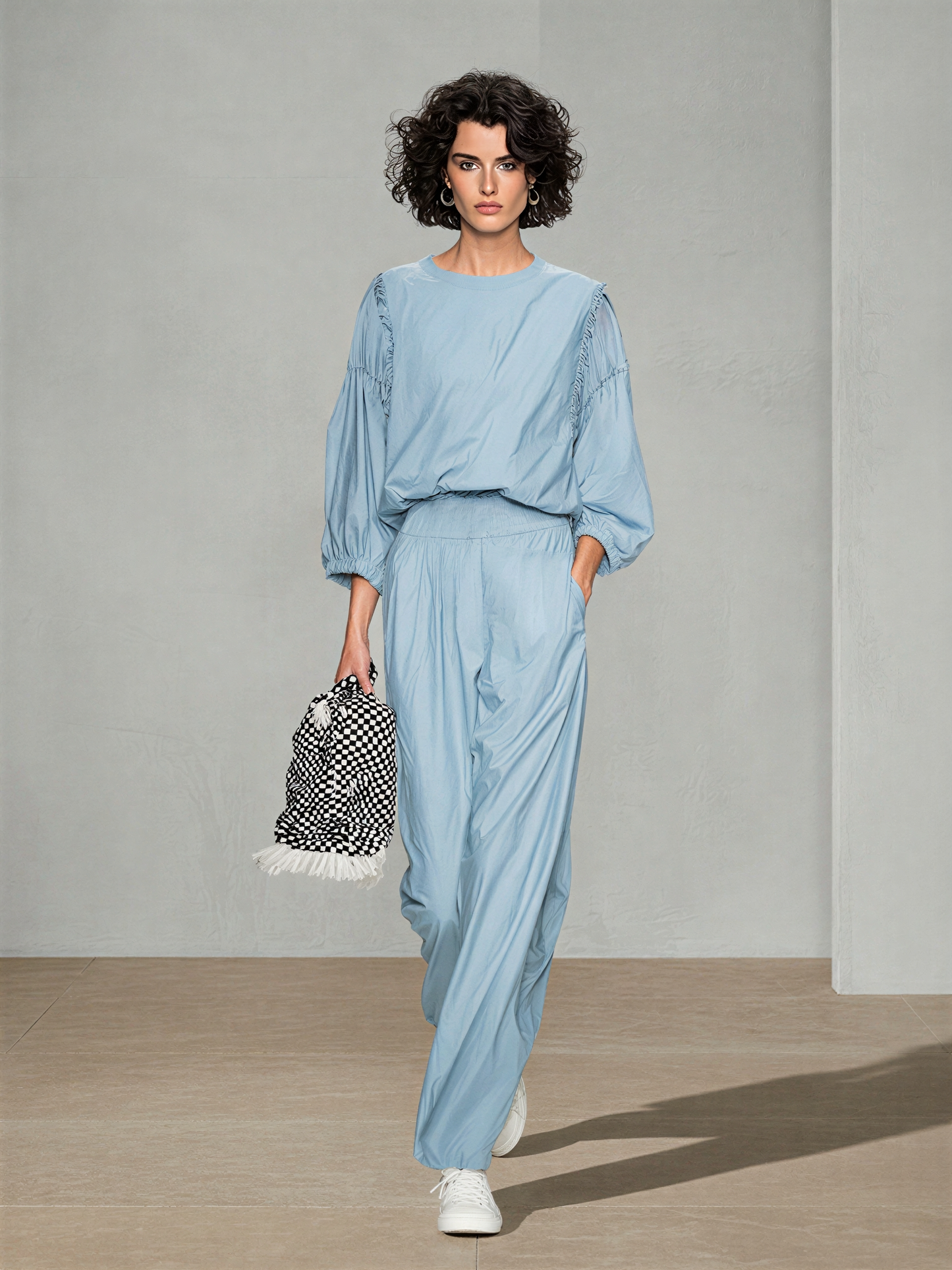 Women's Pale Blue Breathable Poly Cotton Co-Ord With Elastic Cuff Puff Sleeve Top & Side Pocket Loose Straight Trousers, Modern Effortless-Chic Daily Casual Two-Piece Set