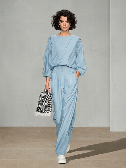 Women's Pale Blue Breathable Poly Cotton Co-Ord With Elastic Cuff Puff Sleeve Top & Side Pocket Loose Straight Trousers, Modern Effortless-Chic Daily Casual Two-Piece Set
