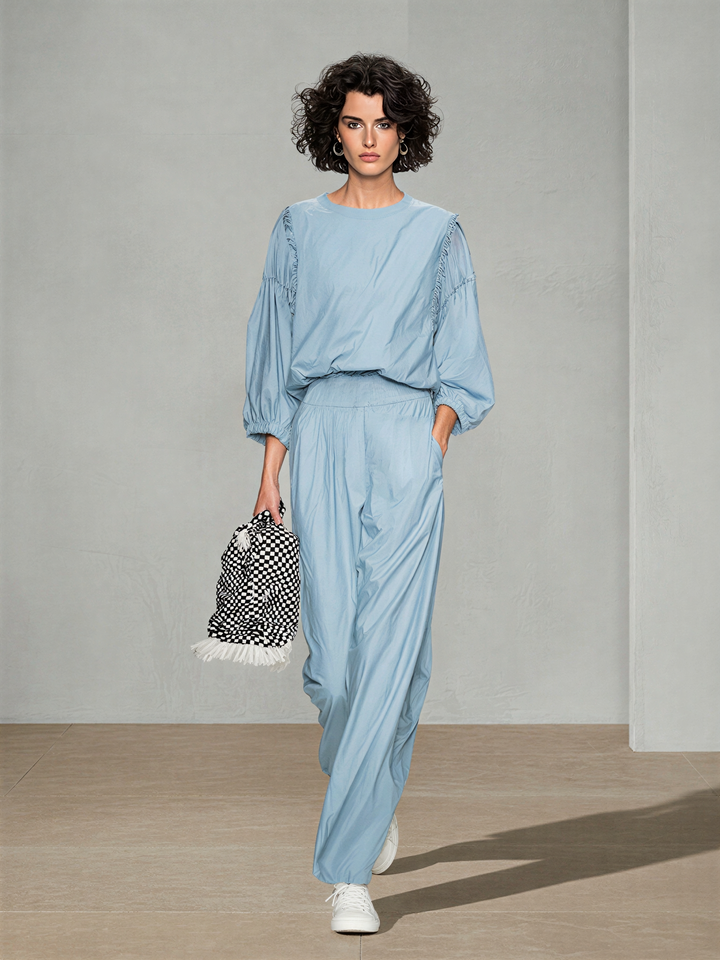 Women's Pale Blue Breathable Poly Cotton Co-Ord With Elastic Cuff Puff Sleeve Top & Side Pocket Loose Straight Trousers, Modern Effortless-Chic Daily Casual Two-Piece Set