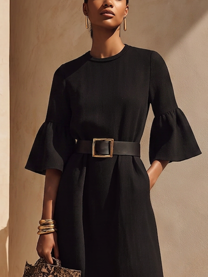 Women’s Black Crew Neck Flare Half Sleeve Raw Frayed Hem Midi Maxi Dress With Side Pockets