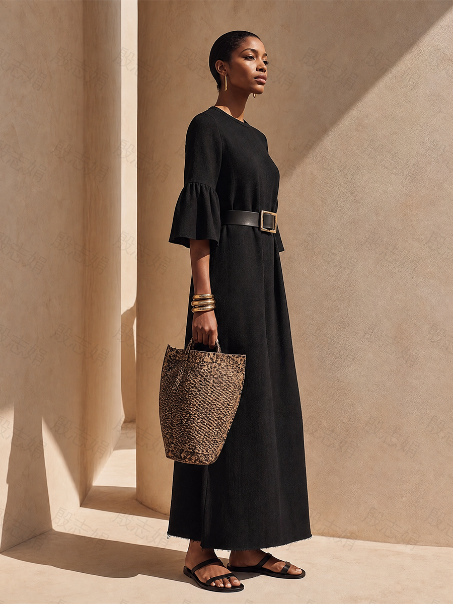 Women’s Black Crew Neck Flare Half Sleeve Raw Frayed Hem Midi Maxi Dress With Side Pockets