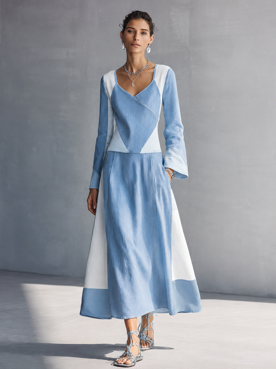 Women's Minimalist Style Light Blue Linen Cotton V Neck Flare Long Sleeve Geometric Color Block Midi Dress