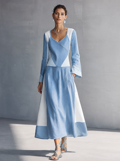 Women's Minimalist Style Light Blue Linen Cotton V Neck Flare Long Sleeve Geometric Color Block Midi Dress