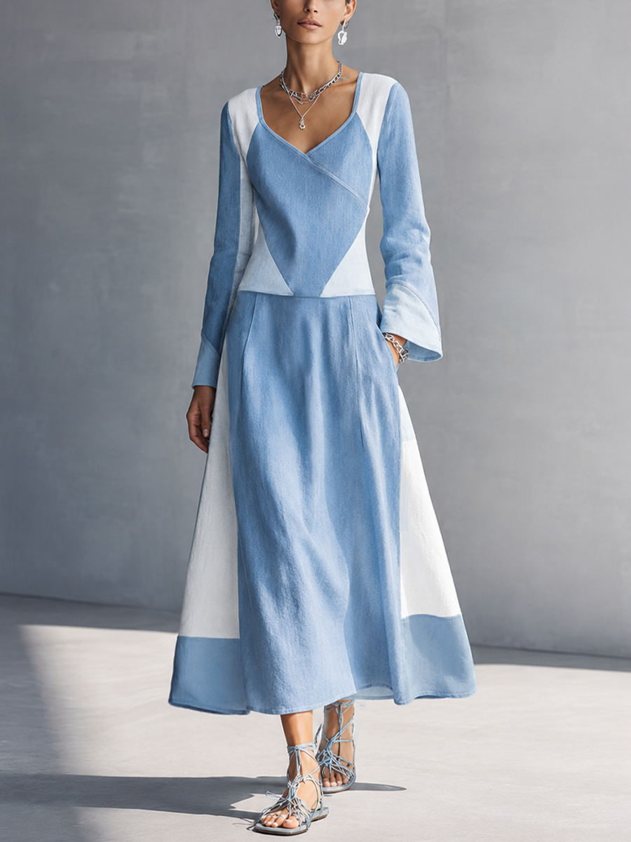 Women's Minimalist Style Light Blue Linen Cotton V Neck Flare Long Sleeve Geometric Color Block Midi Dress