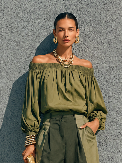 Women's Casual Military Green Cotton Blend Off Shoulder Lantern Sleeve Color Block Wide Leg Trousers Set