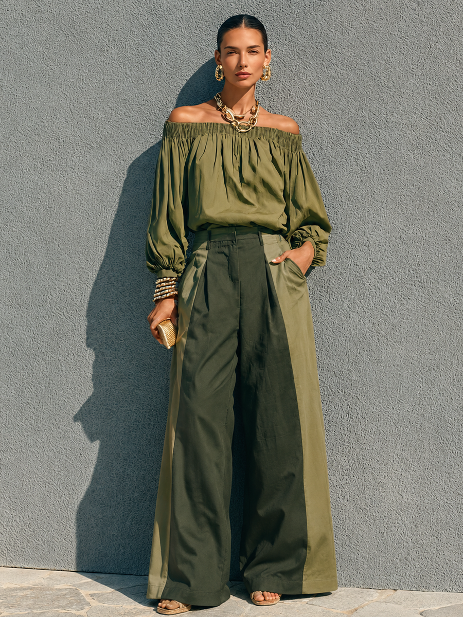 Women's Casual Military Green Cotton Blend Off Shoulder Lantern Sleeve Color Block Wide Leg Trousers Set