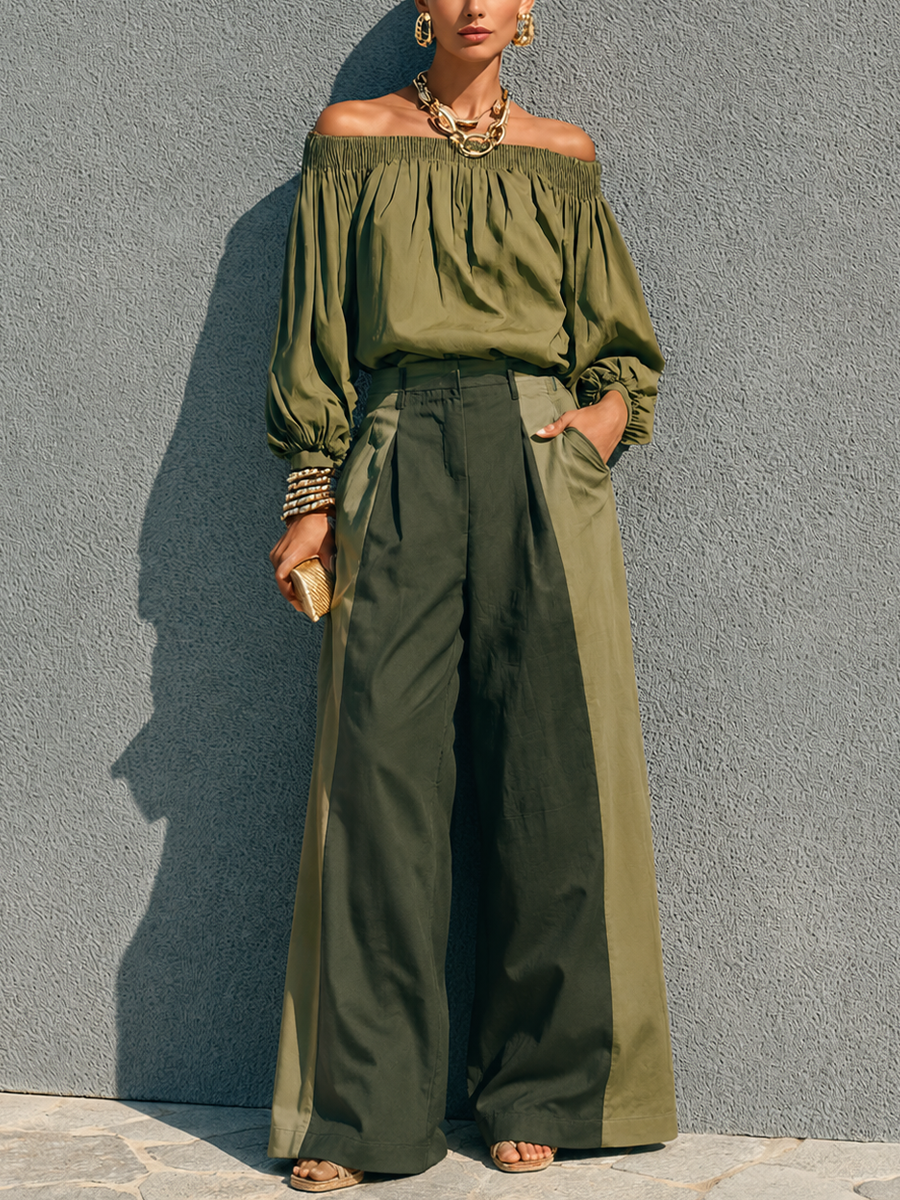 Women's Casual Military Green Cotton Blend Off Shoulder Lantern Sleeve Color Block Wide Leg Trousers Set