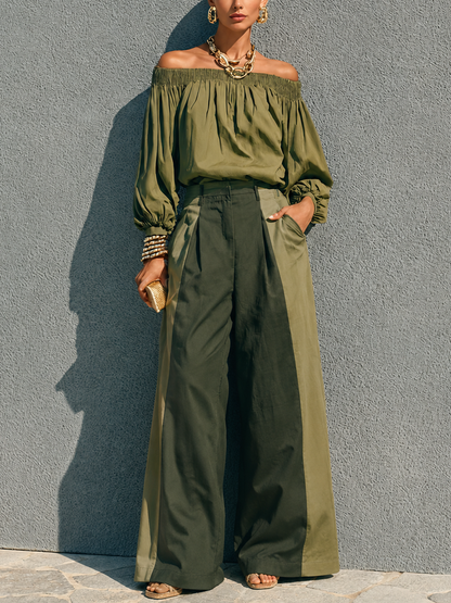 Women's Casual Military Green Cotton Blend Off Shoulder Lantern Sleeve Color Block Wide Leg Trousers Set