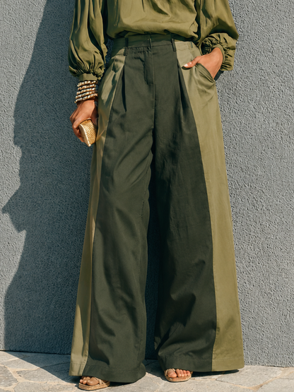 Women's Casual Military Green Cotton Blend Off Shoulder Lantern Sleeve Color Block Wide Leg Trousers Set