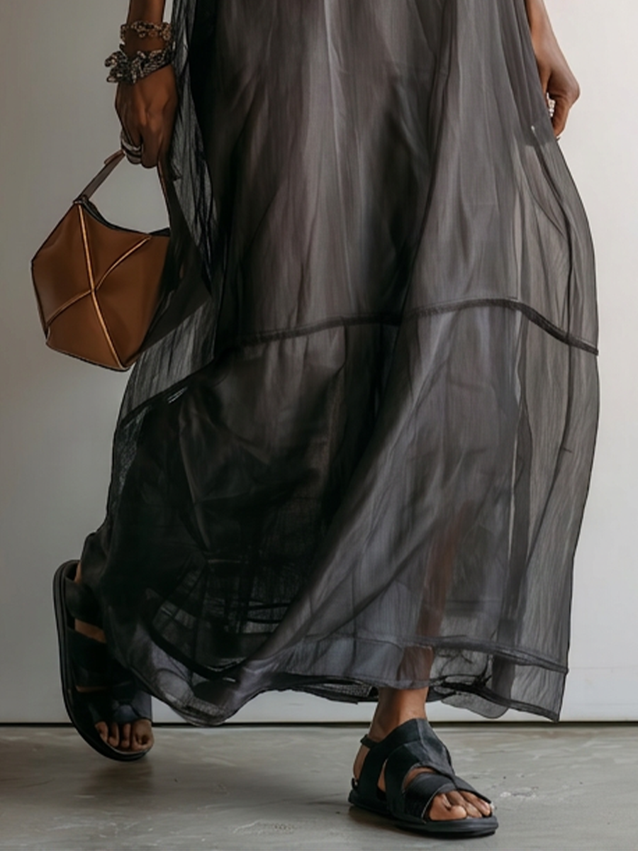 Women’s Dark Gray Minimalist Sheer Chiffon Overlay Round Neck Mid Sleeve Flowy Tiered Oversized Maxi Dress
