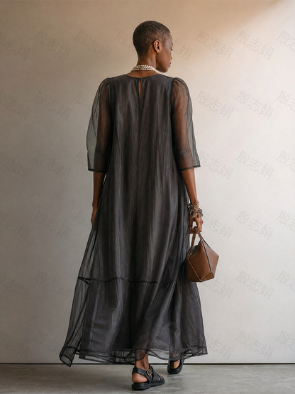 Women’s Dark Gray Minimalist Sheer Chiffon Overlay Round Neck Mid Sleeve Flowy Tiered Oversized Maxi Dress