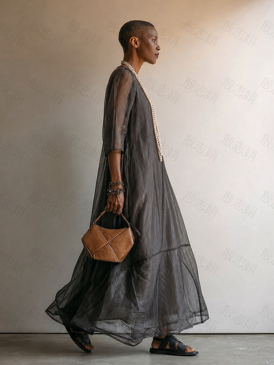 Women’s Dark Gray Minimalist Sheer Chiffon Overlay Round Neck Mid Sleeve Flowy Tiered Oversized Maxi Dress