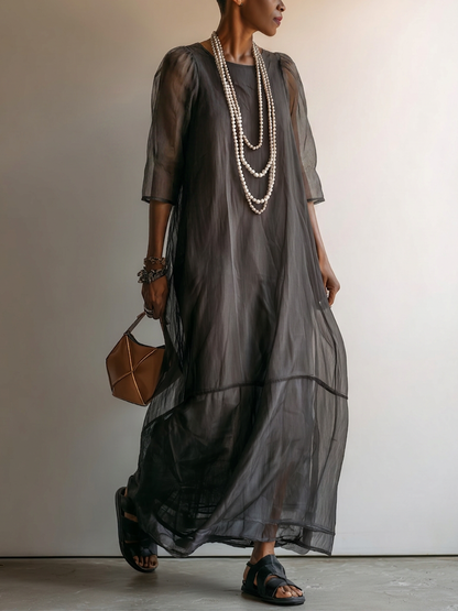 Women’s Dark Gray Minimalist Sheer Chiffon Overlay Round Neck Mid Sleeve Flowy Tiered Oversized Maxi Dress