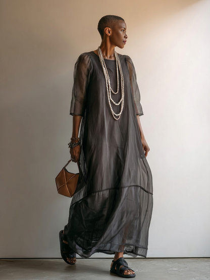 Women’s Dark Gray Minimalist Sheer Chiffon Overlay Round Neck Mid Sleeve Flowy Tiered Oversized Maxi Dress