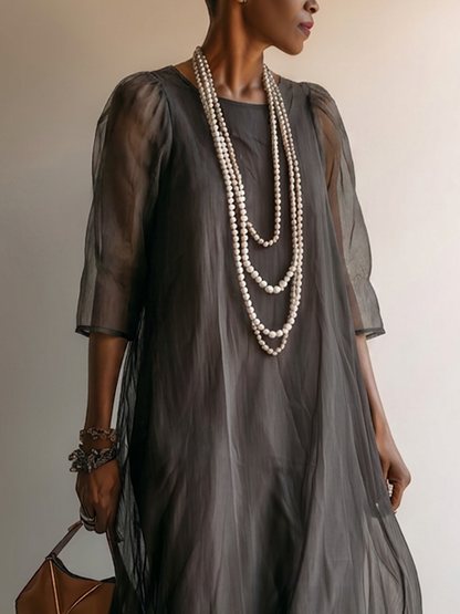 Women’s Dark Gray Minimalist Sheer Chiffon Overlay Round Neck Mid Sleeve Flowy Tiered Oversized Maxi Dress