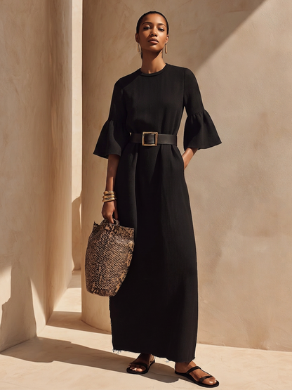 Women’s Black Crew Neck Flare Half Sleeve Raw Frayed Hem Midi Maxi Dress With Side Pockets