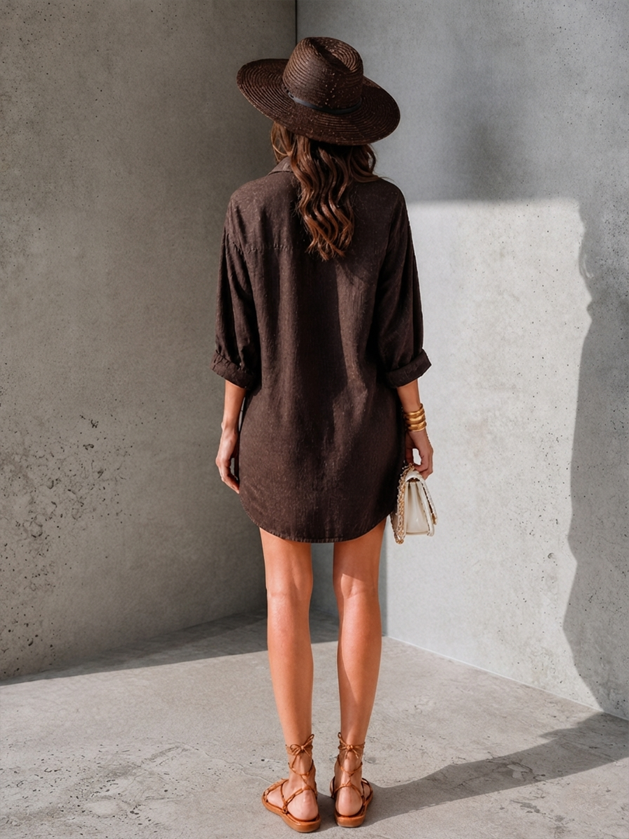 Women's Minimalist Dark Brown Cotton Linen Collared Half Open Placket Long Sleeve Short Shirt Dress