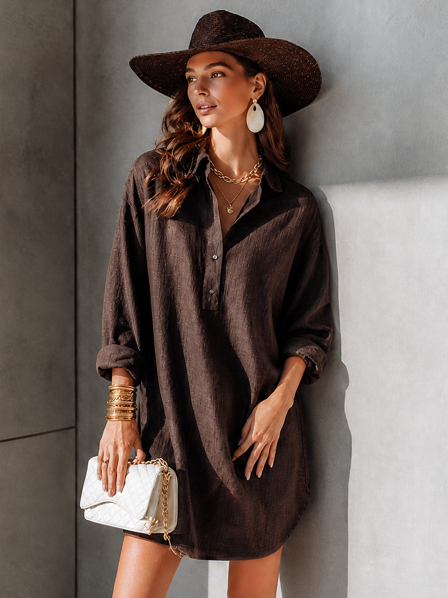 Women's Minimalist Dark Brown Cotton Linen Collared Half Open Placket Long Sleeve Short Shirt Dress
