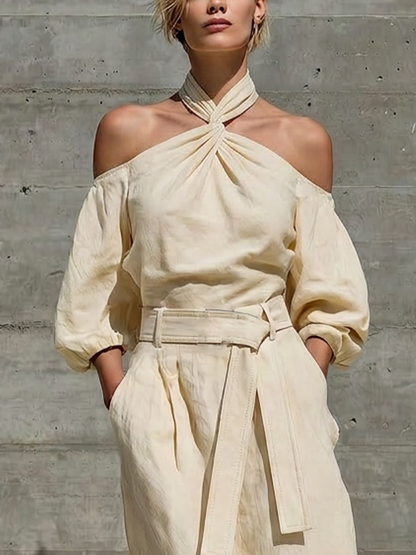 Women’s Cream Linen Twist Halter Off Shoulder Puff Elbow Sleeve Self Belt Waist Front Split Maxi Dress