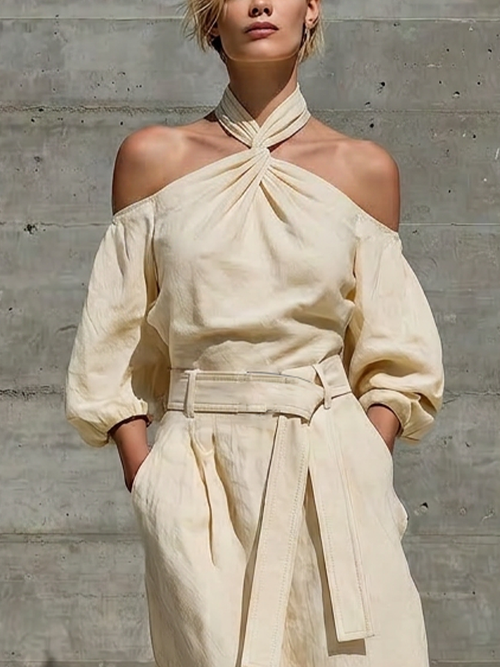 Women’s Cream Linen Twist Halter Off Shoulder Puff Elbow Sleeve Self Belt Waist Front Split Maxi Dress
